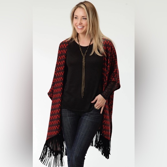 Roper WOMENS RED AND BLUE CHEVRON PRINT PONCHO Size XL NEW! - Picture 2 of 6